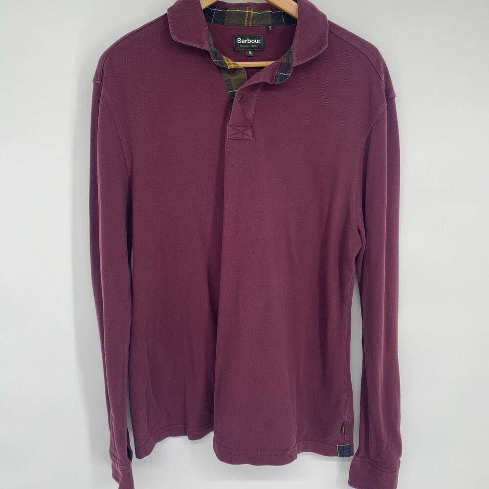 Barbour Polo Mens Classic Tartan XL Maroon Plaid Trim Heritage Preppy Collegiate